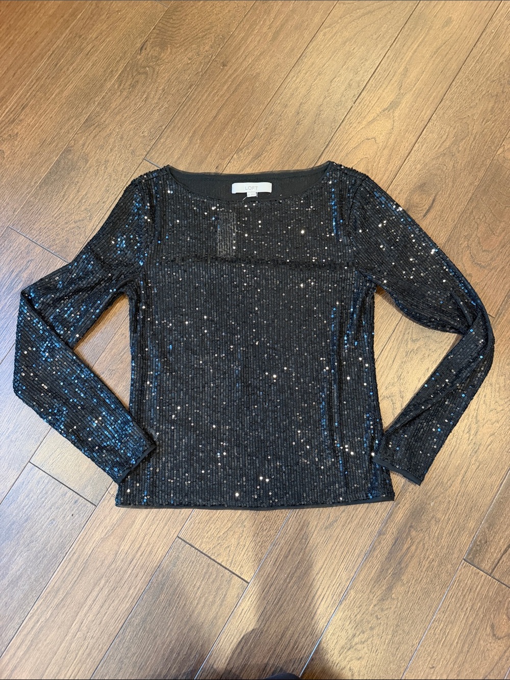 LOFT Black Sequin Ribbed Long-Sleeve Top Size Medium NWT - P302